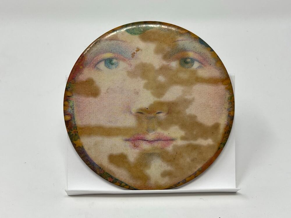 Vintage 1970s Celluloid Pocket Mirror Stylized Face Retro Clouds Print Art 2.5"